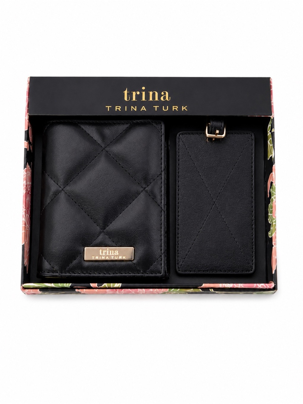 Trina Turk Black Quilted Passport Holder Luggage Tag Set - Picture 2 of 13